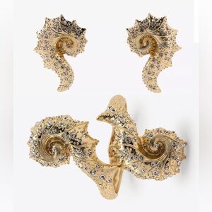 NWT Zara Woman Accessories Rigid Coral Shell Rhinestones Earrings & Bracelet Set